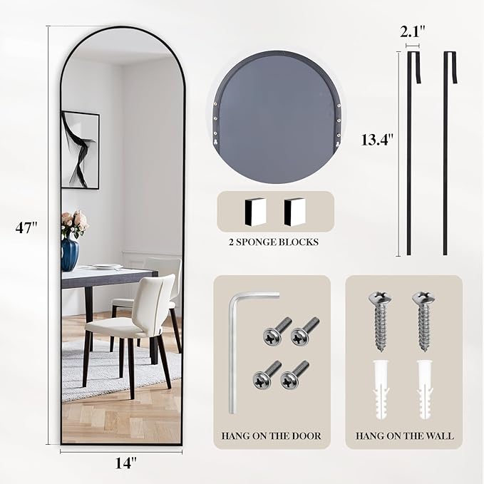 DUMOS Full Length Mirror 47x14 Inches - Arched Full Body Door Hanging Wall Mounted Aluminum Alloy Frame Mirror for Bedroom, Dressing Room, Entryway, Black