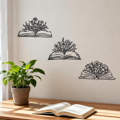Zzbakress 3 Pcs Book Wall Decor Metal Flower Wall Art, Library Decor Hanging Sculpture, Reading Nook Silhouette Wall Hanging for Home Office Reading Room Teacher Gift (Elegant)