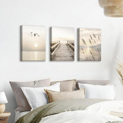 WENGTIAO 3Pcs Seascape Wall Art Beige Reeds Sunset Canvas Paintings Ocean Beach Scenic Prints Pictures Rustic Bridge Boardwalk Wall Decor Seagulls Artwork Posters for Living Room Bedroom 12”x16”x3