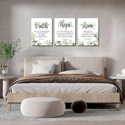 Faith, Hope & Love Bible Verse Inspirational Wall Art, Christian Canvas, A Great Religious Decor Gift for Living Room & Bedroom, (29 x 38cm x 3pcs) Framed (Green)