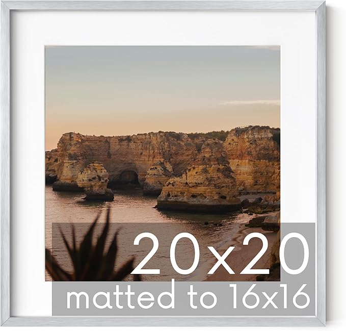 HAUS AND HUES 20x20 Silver Metal Picture Frame Matted to 16x16 - Premium Aluminum with Hanging Hardware, Shatterproof Plexiglass - Ideal for Home or Office (20x20 in, Silver, Set of 1)