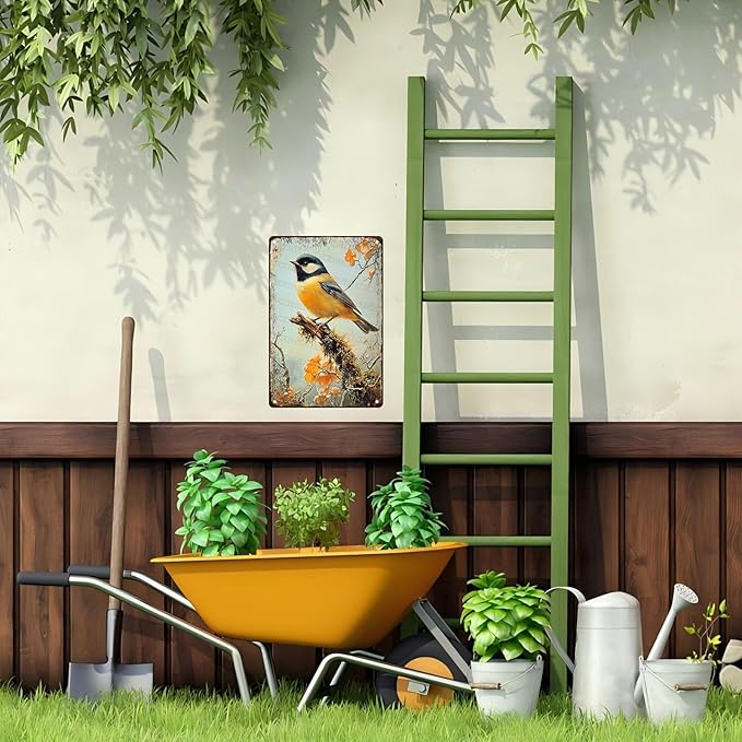 Metal Chickadee Bird Vintage Tin Sign for Home Living Room Kitchen Garden Bedroom Office Hotel Cafe And Pub Decoration 8x12inch