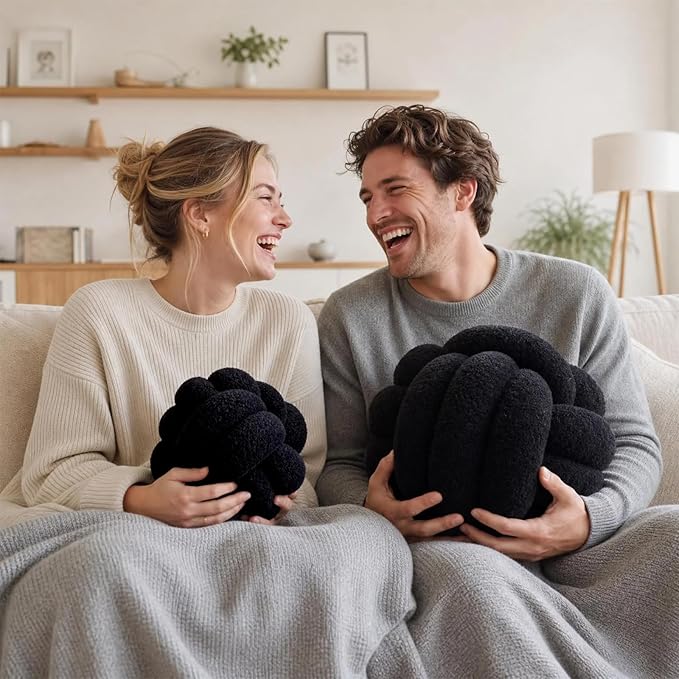 Knot Pillow Ball Plush - Decorative Throw Pillows for Bed Relieve Stress, Round Knot Cushion for Sofa Decor Pet Toy, Black 8 inch
