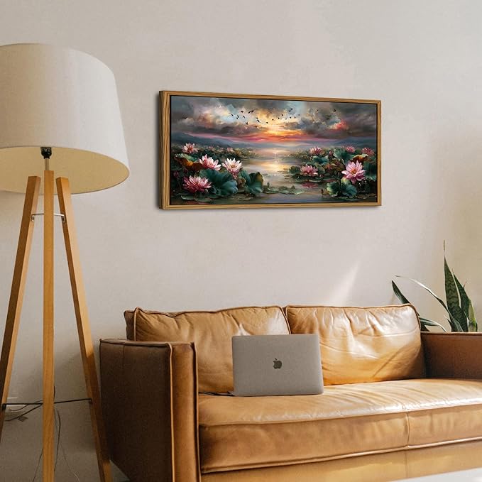 Lotus Flower Framed Wall Art for Living Room Emerald Green Plant Leaves Pink Flower Picture Zen Poster Vintage Poud Landscape Abstract Nature Scenery Artwork Bedroom Bathroom Home Decorations 20x40