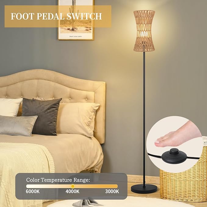 Ruiever Floor Lamp for Living Room,Farmhouse Floor lamp,Modern Standing lamp with Hand-Worked Rattan Shade (Slim Waist Rattan Shade-3 Color Bulb)