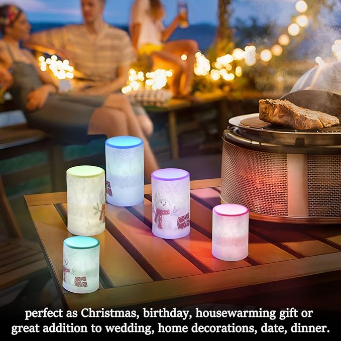 Christmas Lights Decorations Flameless Candles Snowman in Winter Pillar Candles Set of 2 Battery Operated Remote Control Warm Lights