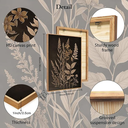 HLNIUC Vintage Botanical Fern Framed Canvas Wall Art Set,Black and Tan Plant Leaves Wall Decor,Modern Farmhouse Art Print,Neutral Minimalist Herb Floral Wall Painting for Living Room,Office - 24x36x3