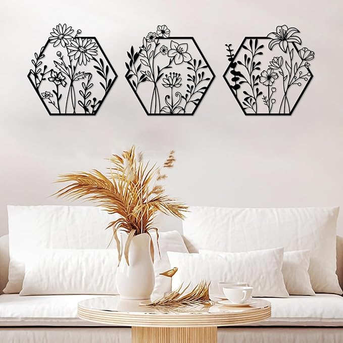 ESTART 3 Pcs Metal Flower Wall Decor Minimalist Floral Wall Hanging Decor Metal Flower Rustic Floral Art for Spring Bedroom Bathroom Living Room Kitchen Dining Room Decoration (Black)