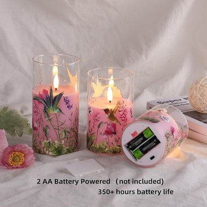 Eywamage Pink Hummingbird Floral Glass Flameless Candles with Remote, Flickering Battery LED Pillar Candles Set of 3, Spring Home Decor
