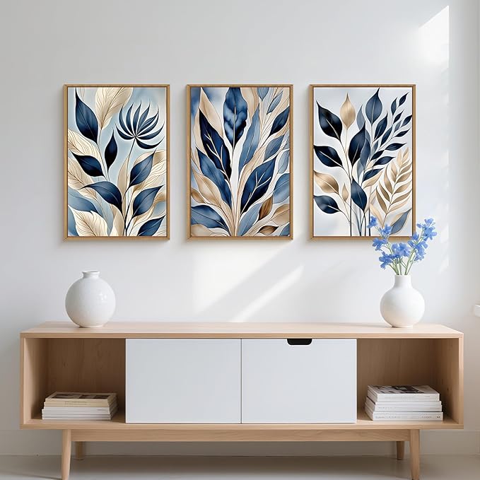 HPNIUB Blue Botanical Leaf Framed Wall Art Set,Modern Natural Blue and Gold Plant Wall Decor,Abstract Boho Minimalist Rustic Floral Leaves Artwork for Living Room, Bedroom,Office-24''x36''x3