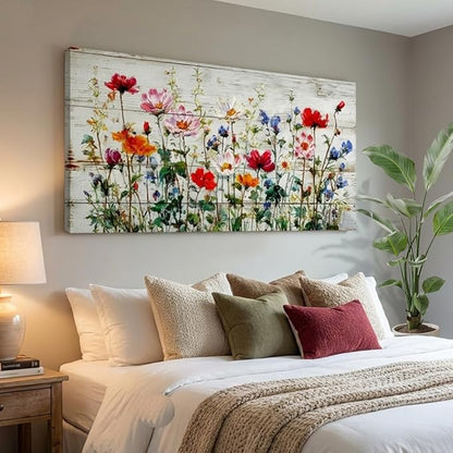 BQVCT Rustic Wildflower Canvas Wall Art 20x40 Inch on Distressed Wood Colorful Floral Print Red Pink Blue Orange Flowers Painting Farmhouse Home Decor for Living Room Bedroom