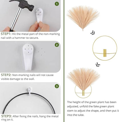 Pretty Jolly Boho Wall Decor - Mounted Metal Hanging Artificial Pampas Display for Living Room, Bedroom, Bathroom, Dining Room - Plant Art 2 Pack