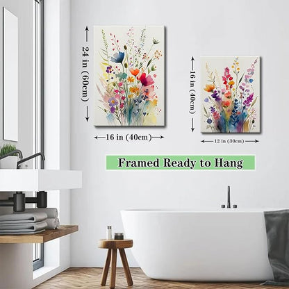 KISSFOX 3 Piece Colorful Flower Framed Wall Art Decor Watercolor Botanical Wildflower Pictures Paintings Wall Decor Modern Minimalist Floral Canvas Art Prints Artwork For Bedroom Living Room Bathroom