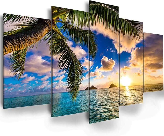 Modern 5 Piece Framed Giclee Canvas Prints - Blue Beach Landscape Blue Paintings on Canvas Wall Art Canvas Print Frame Picture Painting (B-5pcs,40"x20")