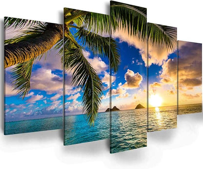 EPHANY Modern 5 Piece Framed Giclee Canvas Prints Art - Blue Beach Landscape Blue Paintings on Canvas Wall Art Wall Art Canvas Print Frame Picture Painting for Room Home Decorations