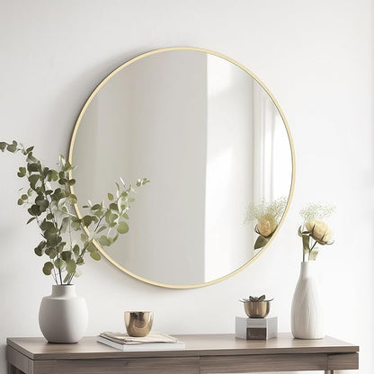 HOMECOOKIN Bathroom Round Wall Mirror, 28" Gold Modern Circle Vanity Mirror with Metal Framed, Wall Mounted Decorative Mirrors for Entryway Living Room,Hanging or Leaning, Anti-Rust, Tempered