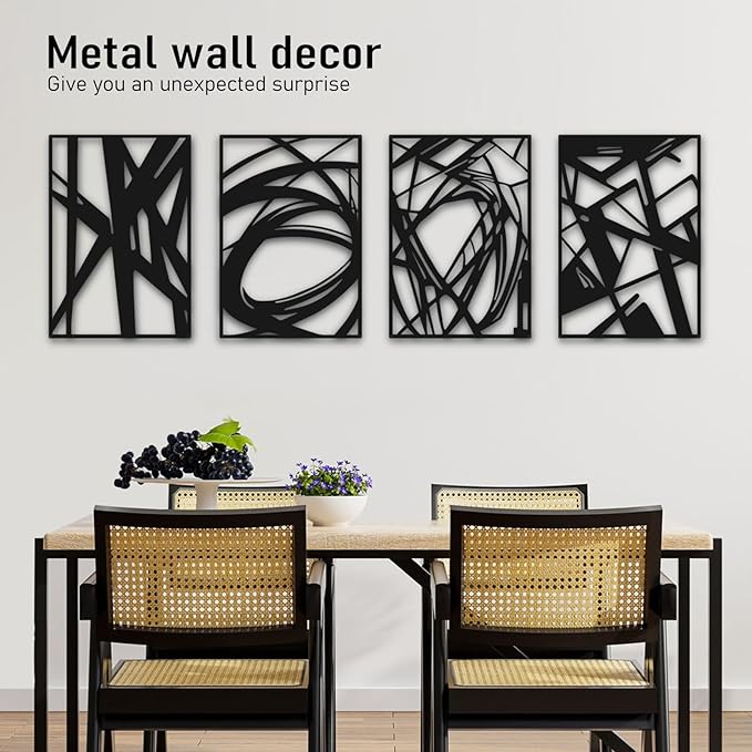 Bakovity Black Abstract Wall Art, Metal Art Wall Decor, Modern Large Wall Art, 3D Abstract Wall Sculptures for Bedroom Bathroom Living Room (4 Pack, 16 x 11 in)