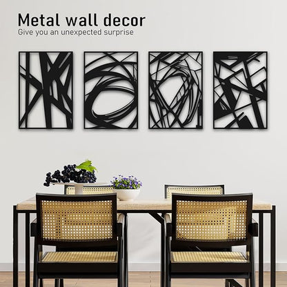 Black Abstract Wall Art, Metal Art Wall Decor, Modern Large Wall Art, 3D Abstract Wall Sculptures for Bedroom Bathroom Living Room (4 Pack, 22.5 x 16 in)