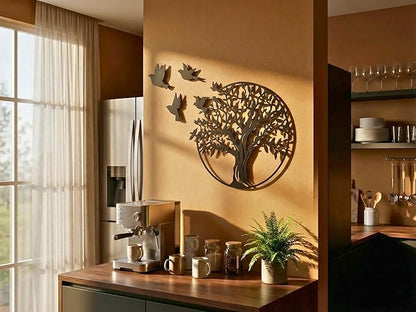 VAILLA Wooden Tree Ring Wall Art 3D Wall Decor Wood Round Wall Hanging Sculpture Modern Home Decoration Textured Sculptures for Living Room Bedroom Office Dinnig Room Family Tree Wall Hangings - Birds
