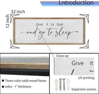 FZMHASLWW Give It To God And Go To Sleep Sign Above Bed Wall Decor 32"×12" Master Bedroom Over Bed Rustic Bible Verse Christian God Holy Catholic Farmhouse Horizontal Wall Art (Wood)