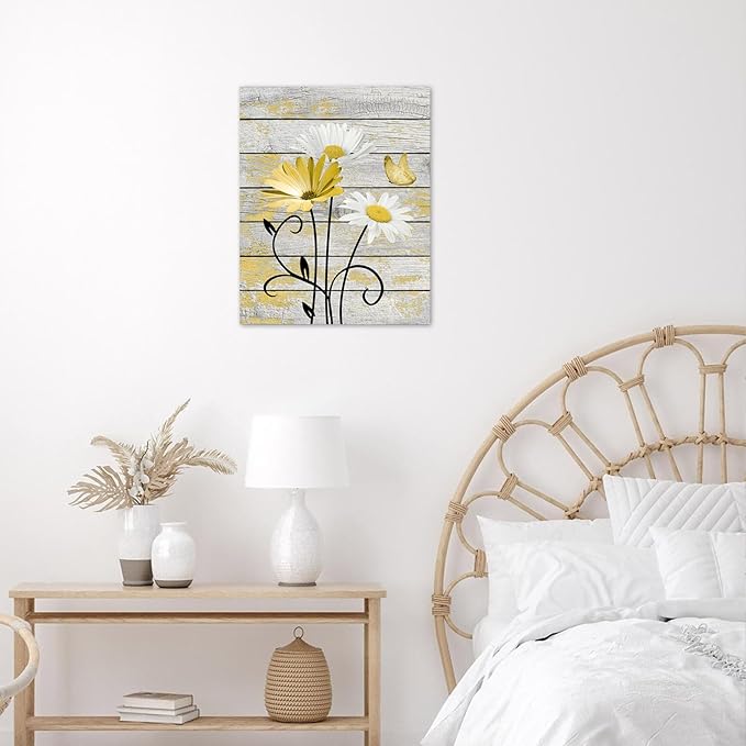 HVEST Farmhouse Yellow Floral Wall Art for Bathroom, Retro Daisy and Butterfly on Rustic Wood Canvas Wall Art Nature Flower Pictures for Living Room Bedroom Apartment Wall Decor,16L X 12W inches