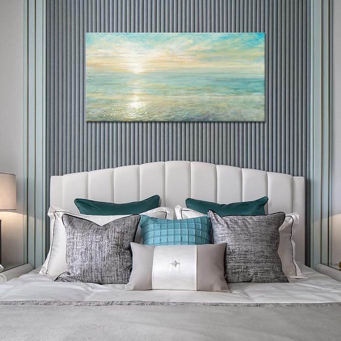 Goldfoilart Beach Sunrise Pictures Ocean Wall Art Coastal Canvas Prints Sea Waves Poster Paintings for Living Dining Room Bedroom Bathroom Framed Artwork Decorations Home Decor 20"x40"