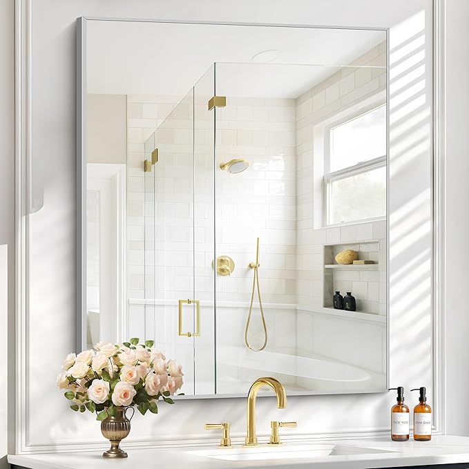COFENY Silver Bathroom Mirror for Wall, 30x36 Inch Rectangle with Metal Frame, Modern Vanity for Bathroom Living Room, Entryway Hangs Horizontal or Vertical