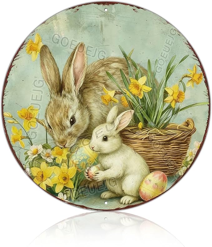 Easter Floral Wreath Metal Sign Round Bunny Design Rustic Farmhouse Decor For Spring Home Door Wall Seasonal Display 12X12Inch