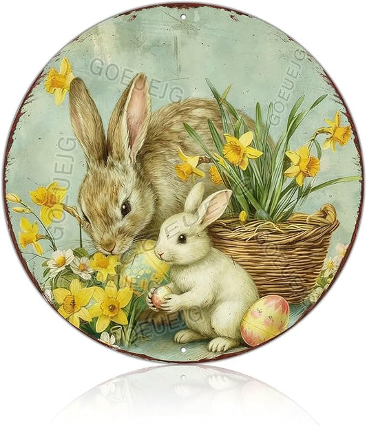 Easter Floral Wreath Metal Sign Round Bunny Design Rustic Farmhouse Decor For Spring Home Door Wall Seasonal Display 12X12Inch