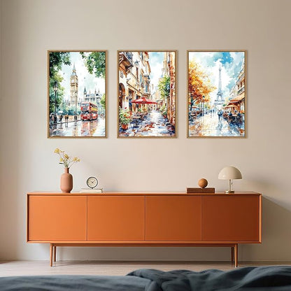 Watercolor European Cityscape Framed Canvas Wall Art Set,London Big Ben & Paris Eiffel Tower Street Scenery Wall Decor,Charming Landscape Artwork for Living Room, Bedroom,Office-16 x24 x3