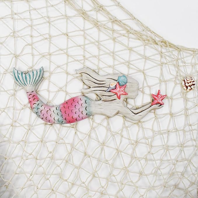 Morning View Wooden Mermaid Wall Decor Nautical Decoration Hanging Mermaid Plaque Large Wall Art Rustic Coastal Beach Ocean Sea for Bathroom Decor Home House 17X6.5 Inches (Pink)