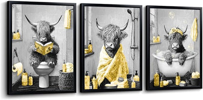 sechars Highland Cow Bathroom Wall Art 3 Piece Funny Bathroom Pictures Canvas Print Grey and Yellow Decor (Yellow)