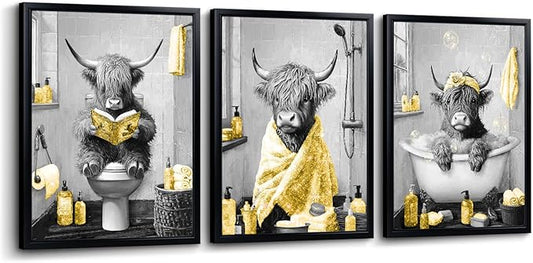 sechars Highland Cow Bathroom Wall Art 3 Piece Funny Bathroom Pictures Canvas Print Grey and Yellow Decor (Yellow)
