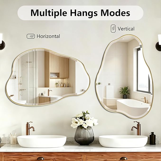 POZINO Irregular Beveled Mirror, 36"x24" Asymmetrical Bathroom Vanity Mirror with Gold Metal Frame, Cloud Shaped Wall Mirrors for Living Room Bedroom Hallway Entryway, Horizontal/Vertical Hanging