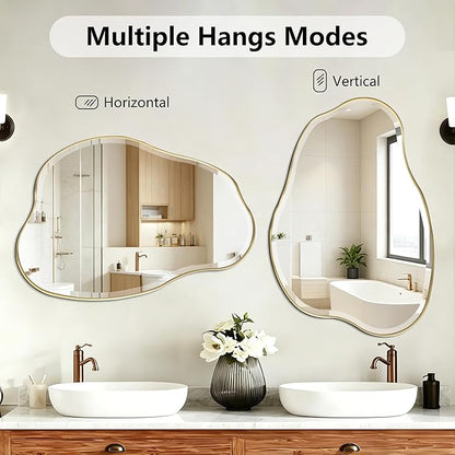 POZINO Irregular Beveled Mirror, 36"x24" Asymmetrical Bathroom Vanity Mirror with Gold Metal Frame, Cloud Shaped Wall Mirrors for Living Room Bedroom Hallway Entryway, Horizontal/Vertical Hanging