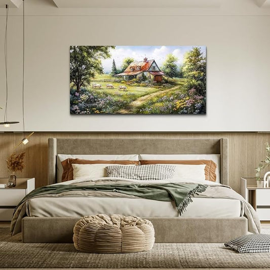 QIYILEXWART Large Wall Decor For Living Room Canvas Wall Art For Office Wall Decorations For Bedroom Grassland Paintings The Hut Picture Modern Artworks Inspiration Home Decor Ready To Hang