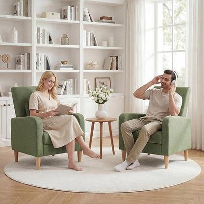 COLAMY Mid-Century Modern Upholstered Accent Chair with Back Pillow & Solid Wood Legs, Fabric Cozy Armchair for Living Room, Bedroom, Reading Nook, Apartment & Small Spaces, Green