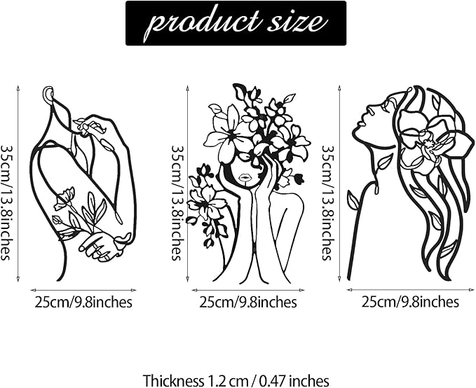 Photect 3 Pcs Metal Wall Art Decor Minimalist Abstract Woman Wall Art Metal Modern Line Drawing Decor Female Single Line Home Hanging for Bedroom Bathroom Living Room Housewarming(Stylish,Black)
