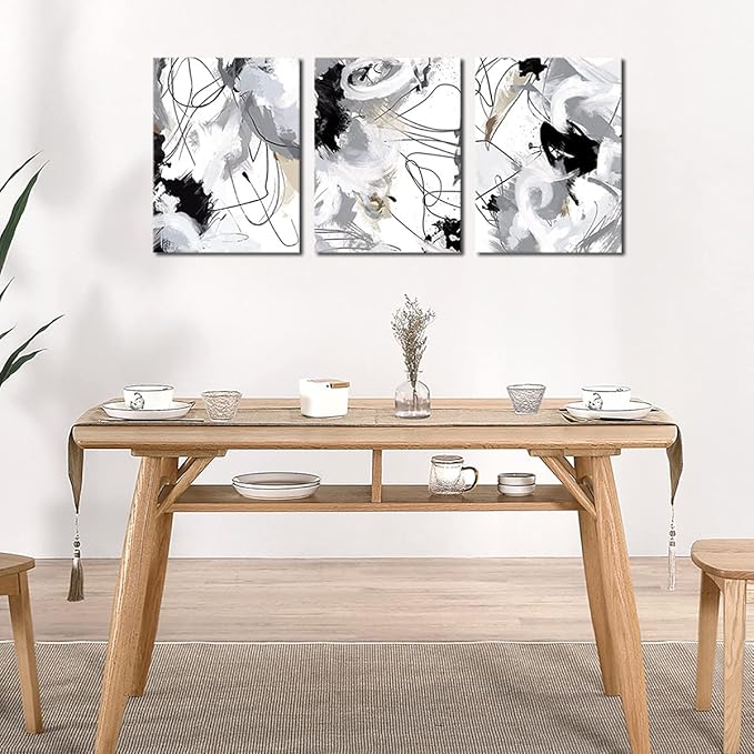 Abstract Canvas Wall Art for Bedroom Bathroom Living Room Wall Decor Black White Grey Modern Abstract Canvas Pictures Abstract Prints Artwork Home Office Wall Decoration 16" x 24" x 3 Pieces