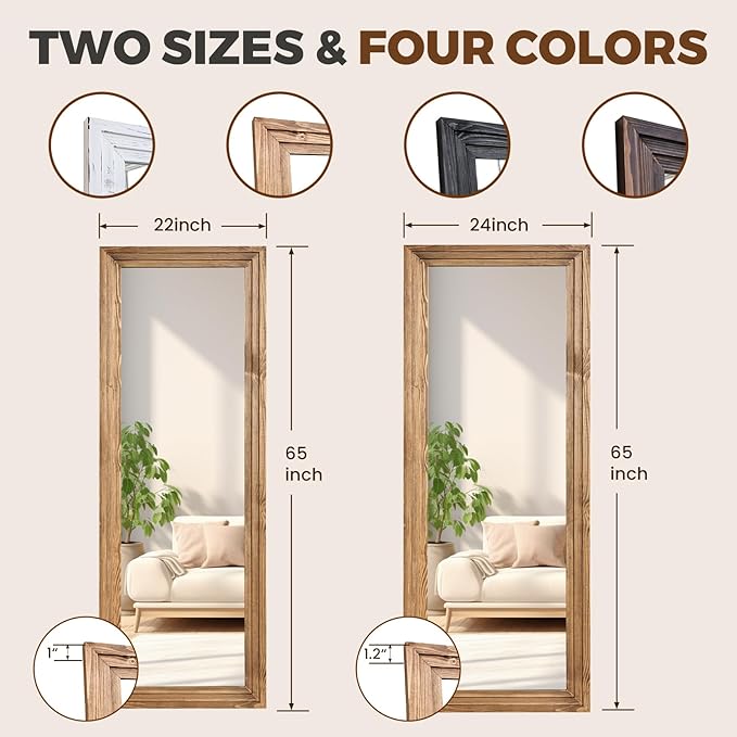 65"x22" Full Length Mirror Solid Wood Frame Floor Mirror with Stand for Living Room, Bedroom Hanging Standing or Leaning, Wood Color