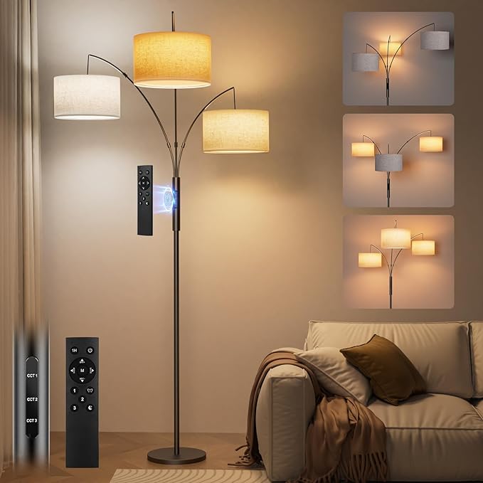 SIBRILLE 36W Corner Floor Lamp Dimmable - 3 Lights Arc Floor Lamps Standing Lamp with Remote & Touch Control, Tall Lamp for Living Room Corner, Bedroom, Office