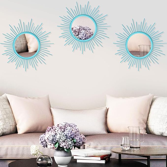 3 Pack Metal Mirrors for Wall Sunburst Wall Mirrors Home Décor Decorative Hanging Wall Art for Living Room Bedroom Entryway (Greenish Blue, Sunburst)