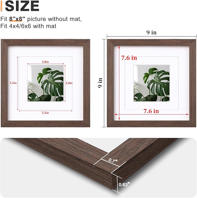 Egofine 8x8 Picture Frames Made of Solid Wood with Plexiglass, Display Pictures 4x4/6x6 with Mat or 8x8 Without Mat Set of 4 for Tabletop and Wall Mounting, Brown