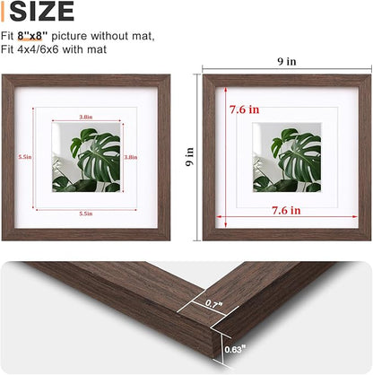 Egofine 8x8 Picture Frames Made of Solid Wood with Plexiglass, Display Pictures 4x4/6x6 with Mat or 8x8 Without Mat Set of 4 for Tabletop and Wall Mounting, Brown