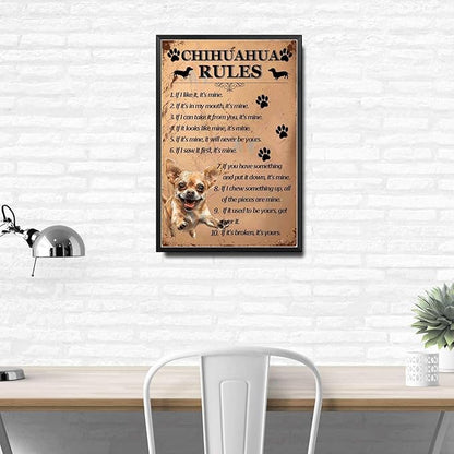 Metal Sign Tin Sign Vintage Wall Art Chihuahu Rules Boho Office Decor for Bar 6×8 Inches with Metal Frame