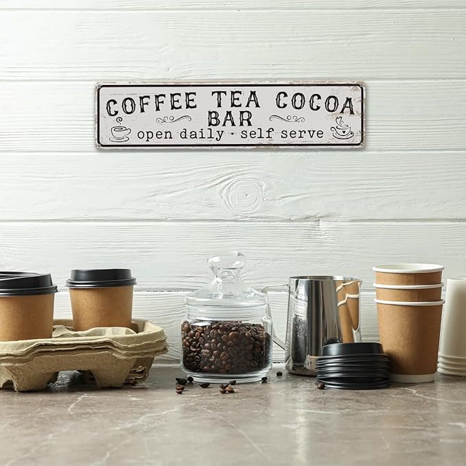 Coffee Signs for Wall, Coffee Tea Cocoa Bar Sign, Retro Metal Tin Sign, Vintage Coffees Bar Decor, Home Decor for Kitchen, Coffees Corner Decoration, Decorative Metal Wall Signs 15.8x4 Inches