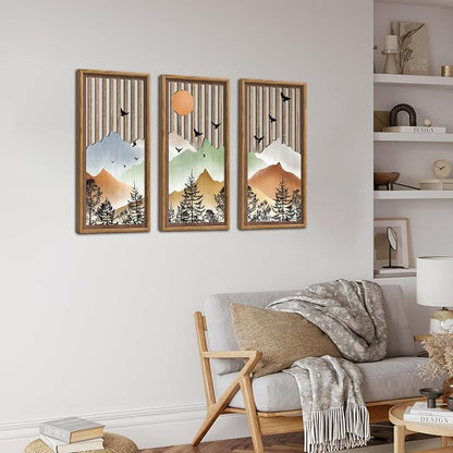 KAIRNE Mountain Landscape Wooden Wall Decor Set or 3(16”X8”) Framed,Boho Orange Wood Hanging Decor,Nature Bohemian Wall Art,Vintage Farmhouse Wooden Sign for Bedroom Living Room Office Decoration