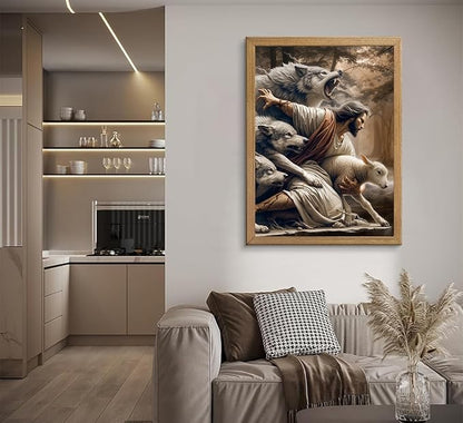 Framed Jesus and Lamb Canvas Wall Art Jesus Saves The Lost Lamb Picture Wall Decor God Protect A sheep From Wolves Painting Print Christian Poster Artwork for Living Room Bedroom Church (12x16 in)