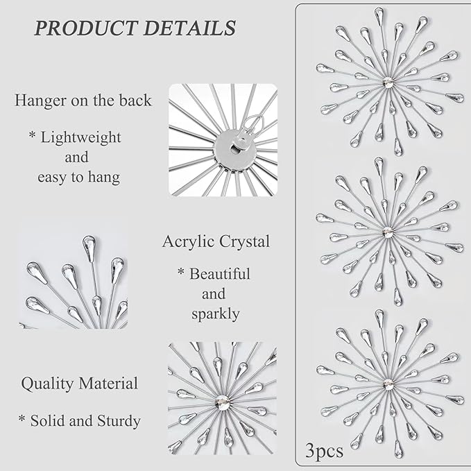 DXYAKY Set of 3 Silver Starburst Metal Wall Art Decor, 11.8 Inch Sparkling Diamond Star Jeweled Teardrop, Elegant Rhinestone Crystal Home Decor Accents, Living Room Bedroom Decorative Wall Sculpture