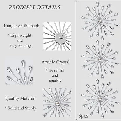 DXYAKY Set of 3 Silver Starburst Metal Wall Art Decor, 11.8 Inch Sparkling Diamond Star Jeweled Teardrop, Elegant Rhinestone Crystal Home Decor Accents, Living Room Bedroom Decorative Wall Sculpture